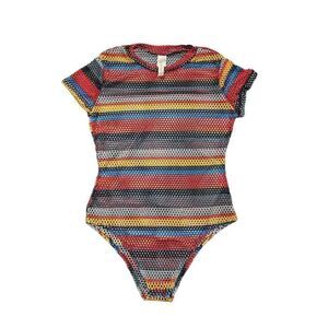 Cacia Multicolor Short Sleeve Mesh Bodysuit Women's Large
